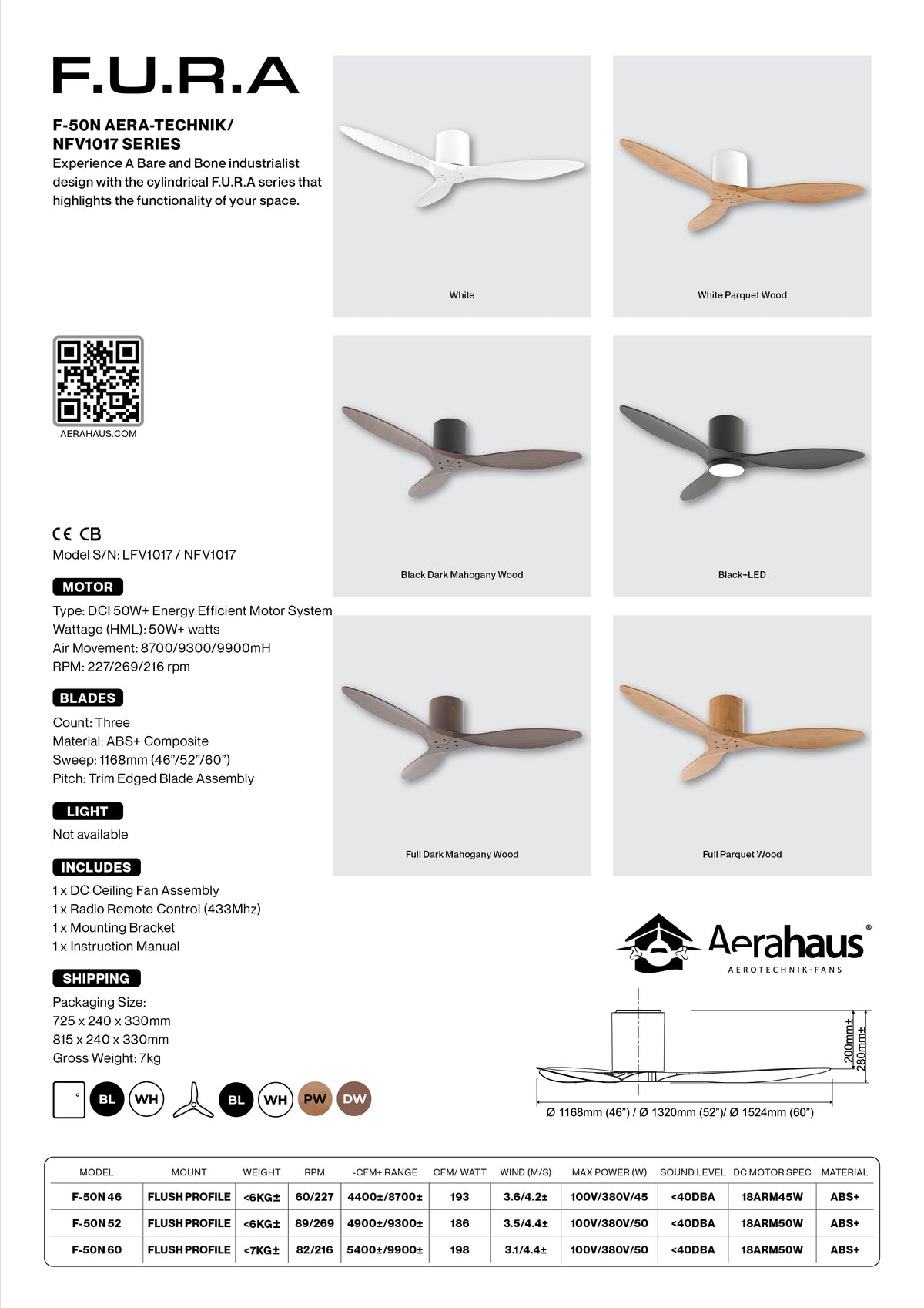 F-50N Aerahaus Technik DC Ceiling Fan